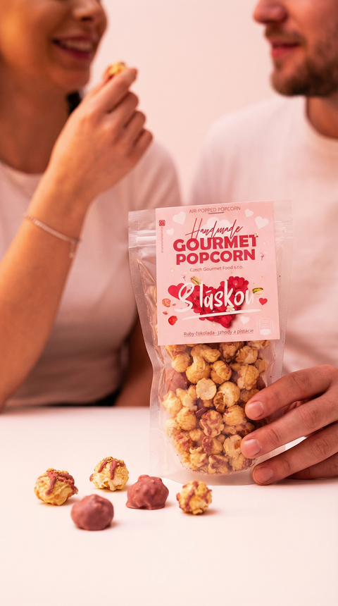 Popcorn "S láskou" - ruby čokoláda, jahody a pistácie