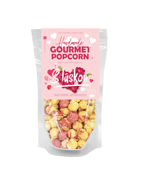 Popcorn "S láskou" - ruby čokoláda, jahody a pistácie 75g